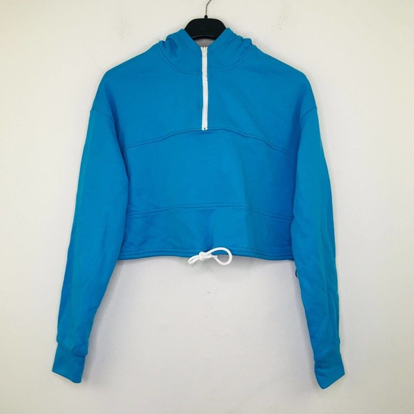 Superdown Women's Small Jacket Blue Solid High Neck Cropped 1/4 Zip Hoodie BP21 - Picture 1 of 5